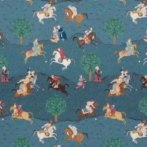 GP J Baker Persian Horseback Print Fabric- Caspian Indigo Red 1.55 yds BP10925.1 - Picture 1 of 4