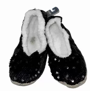 Snoozies! Sequin Snooz Slippers Non Skid Ballet Bling Black Adult Small Size 5/6 - Picture 1 of 9