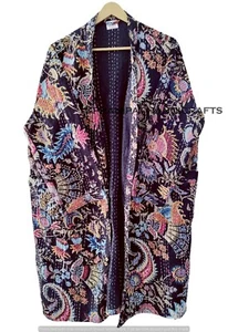 Indian Mukat Print Black Kantha Quilted Hippie Jacket Front Open Wear Mid-length - Picture 1 of 7