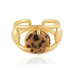 Natural Brown Dalmatian Jasper Gold Plated Prong Set Adjustable Thick Band Ring - Picture 1 of 4