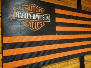 Large Handmade Harley Davidson Wavy Wood Flag Quality Craftsmanship 19x37 - Picture 1 of 6