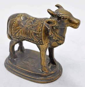 Antique Brass Cow Figurine Original Old Hand Crafted Engraved - Picture 1 of 7