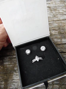 Beautiful TK 316 Marked Silver Tone Ring Marquis CZ Size 5 & hear rings in Box - Picture 1 of 14