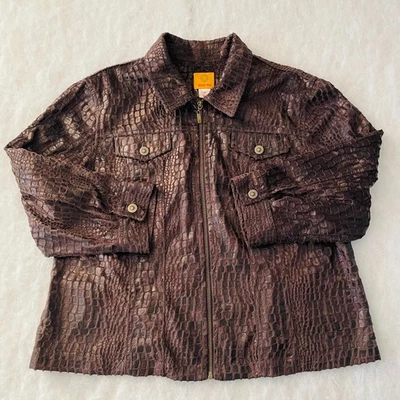 Ruby Rd. Womens Embossed Brown 3/4 Sleeve Reptile Print Full Zip Jacket Size 18 - Image 1 of 4
