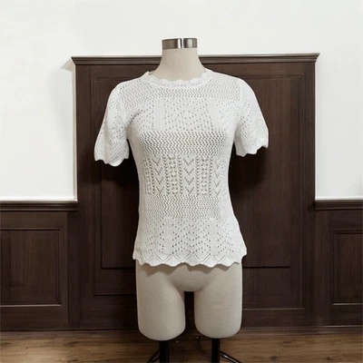 Topshop Retro White Eyelet Short Sleeve Sweater Top Shirt Small Mock - Image 1 of 4