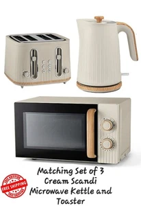 Kettle Toaster Microwave Kitchen Set Cream Wood Textured Scandi Stylish Esential - Picture 1 of 8