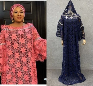 New Lace Africa Women Hooded Abaya Plus Size Hollow Out Robe Flare Sleeve Dress - Picture 1 of 26