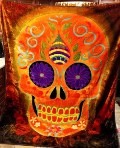 Orange Sugar Skull Queen size 1 ply Super Soft Thick Plush Blanket 79"X94" - Picture 1 of 5