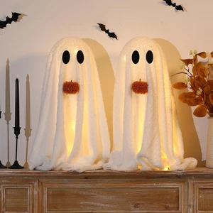 Light-Up Sherpa Ghosts with Pumpkin - 2 Pack Halloween Tabletop Decor - Picture 1 of 8