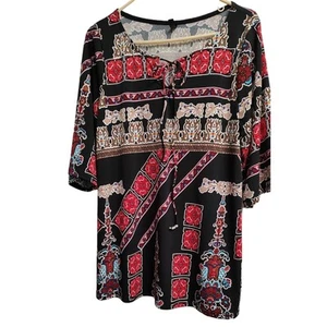 Lapis Woman Black Colorful Geometric Size L Pullover Tunic USA Stretch Keyhole - Picture 1 of 12