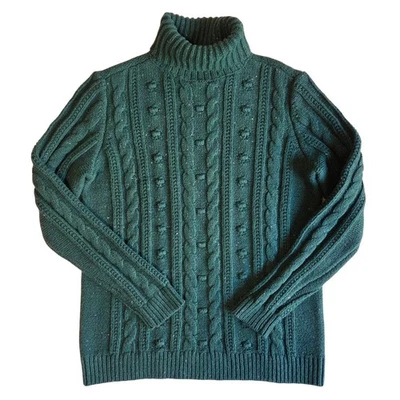 Lands End Cable Knit Fisherman Chunky Turtleneck Sweater Womens S Green Preppy - Image 1 of 4