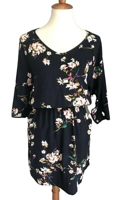 Soprano Gathered Elastic Waist Dress Sz M Navy Floral 3/4 Dolman Sleeve Pockets - Image 1 of 4