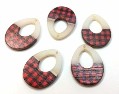 4 uds. Colgante plano lágrima de resina y madera roja y negra - 38 mm x 28 mm  Foto 1 de 3