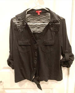 Camisa Bongo Mujer XL Negra Y2K Corbata Frontal Abierta Encaje Trasero Hombros Top Abotonada - Imagen 1 de 17