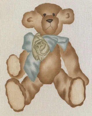 Needlepoint Canvas Teddy with Blue Ribbon Unidentified Designer 214G - Image 1 of 4