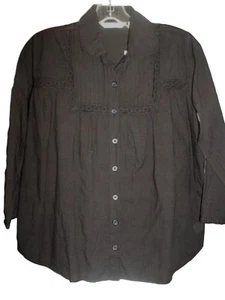 100% Cotton Adini Black Pintuck and Lace Button Up Boho Peasant Blouse - Picture 1 of 6