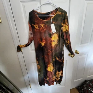 SIMPLY SOUTHERN LONG SLEEVE KNOT DRESS W/POCKETS TIEDYE BROWN/TAN LARGE - Picture 1 of 12