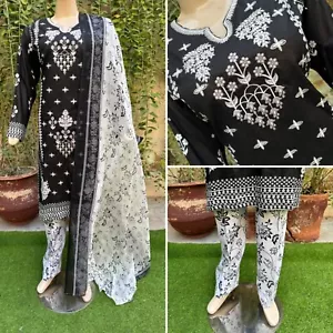 Pakistani Black Printed Straight Shirt 3-PCS Lawn Suit w/ Threadwork ,L - Picture 1 of 10