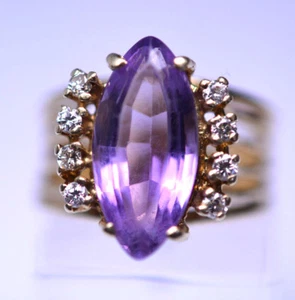 14K YELLOW GOLD MODERN ART MARQUISE AMETHYST RING WITH 8 ACCENT DIAMONDS SIZE 6 - Picture 1 of 4