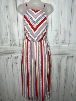 НОВЫЙ ЭКСПРЕСС КРАСНЫЙ БЕЛЫЙ СИНИЙ ПОЛОСКИ ВИСКОЗЫ ШИРОКИЕ НОГИ УКОРОЧЕННЫЙ КОМБИНЕЗОН С БРЕТЕЛЬЮ ЧЕРЕЗ ШЕЮ 8 - Изображение 1 из 4