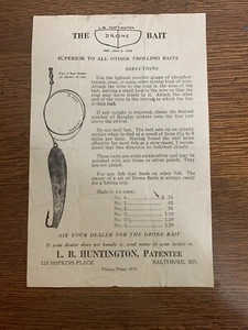 Rare LB Huntington Drone Bait 1920s Fishing Lure Paper Advertising Box Insert? - Picture 1 of 2