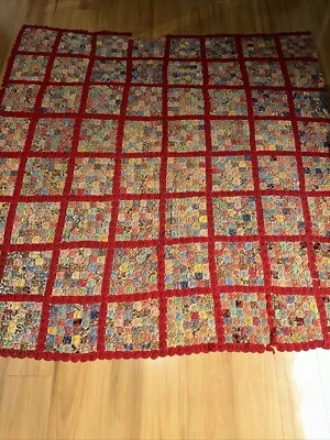 "Antiguo saco de alimentación vintage cosido a mano Yo Yo Edredón hecho a mano 84x84""" Foto 1 de 4