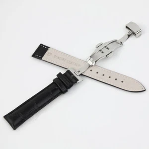 Correa de reloj de cuero genuino negro cierre de despliegue plateado hebilla de metal correa para hombre - Imagen 1 de 6