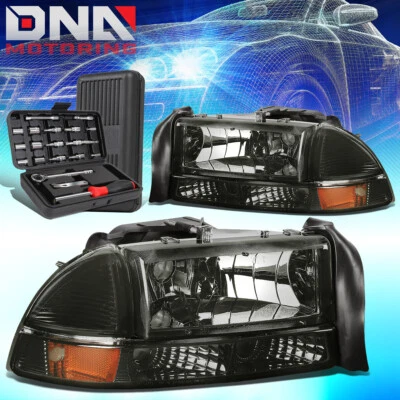 For 1997-2004 Dodge Dakota Durango Euro Smoked Headlight Amber Bumper Lamp+Tools - Image 1 of 4