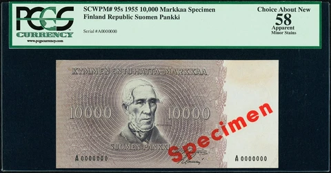 Finland 10,000 Markkaa 1955 Specimen PCGS 58 - Rare banknote, Free Shipping Cover