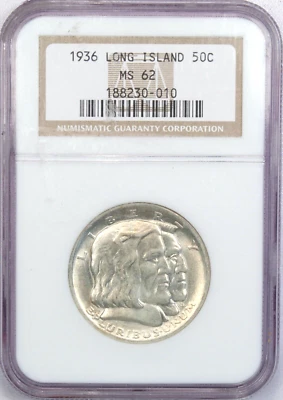 1936 Long Island Commemorative Half Dollar 50C, NGC MS62, Uncirculated BU - Image 1 of 4