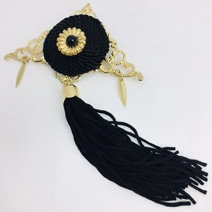 Tassel Brooch Black Gold Tone Filigree Rope Knot Dangle Fringe Vintage 80s - Picture 1 of 9
