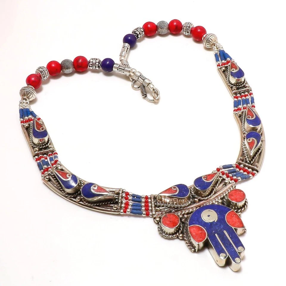 Colar de lápis-lazúli coral vermelho prata tibetana berloque miçangas joias 18" NN 5225 - Imagem 1 de 4