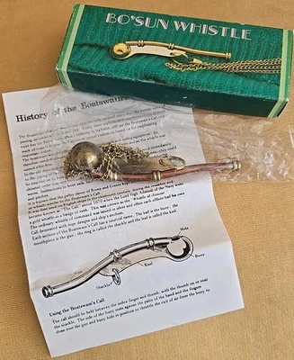 Винтажный морской боцман Bosun's 4,5 дюйма латунный медный свисток длинная цепь инструкция - Изображение 1 из 4