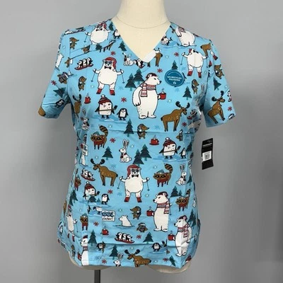 NWT Dickies Scrub Top M Blue Winter Wonderland Scrubs Polar Bears Moose Penguin - Image 1 of 4