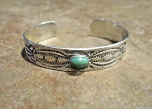 ELABORATE Old 1940's Navajo Sterling Silver Turquoise STAMPED DESIGN Bracelet - Picture 1 of 14