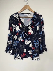 Susan Graver Shirt Damen Large dunkelblau Blumen Bluse flüssiger Strick Stretch - Bild 1 von 10