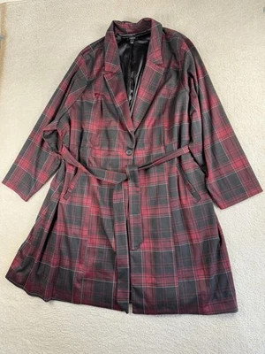 Torrid Coat Womens 6 Red Black Plaid Belted Long Trench Lined Pockets Plus Size - Image 1 of 4