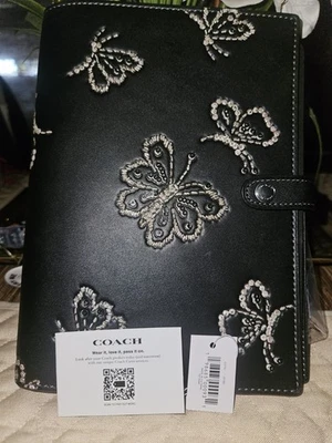 Cuaderno Coach con estampado de mariposas cuero negro/plateado nuevo con etiquetas estilo: CCF42 Foto 1 de 4