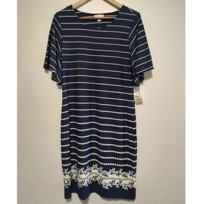 Charter Club Navy Blue White Stripe Short Sleeve Knit Crew Neck Midi Dress Med - Image 1 of 4