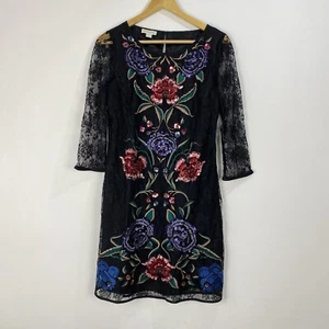 Monsoon Dress Womens Size 12 Black Red Blue Lace Embroidered Sequins Sheer Shift - Picture 1 of 9