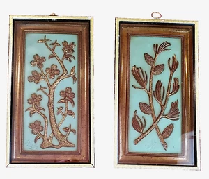 Set 2 VINTAGE gerahmte goldfarbene YOLANDE florales Design WANDTAFELN 16 x 9" MCM - Bild 1 von 6