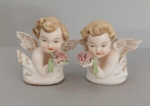 Rare Vtg Lefton Angel Cherub Figurines KW1415N Floral Handpainted Cottage Shabby