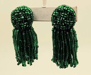 E305 Bohemian Handmade green Seed Bead Tassel clip Drop party fashion earrings - Picture 1 of 4