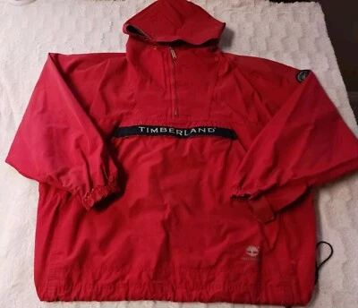 Timberland Weathergear Pullover Jacket Hood ¼ Zip Drawstring Red Nylon Mens XL  - Image 1 of 4