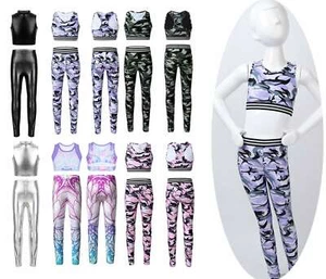Kids Girls Gym Ballet Yoga Outfit Stretchy Tanks Top Legging Tracksuit Dancewear - Picture 1 of 41