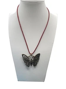 Open Work Filigree Butterfly w Five Burgundy Red Rhinestone Pendant Necklace - Picture 1 of 10