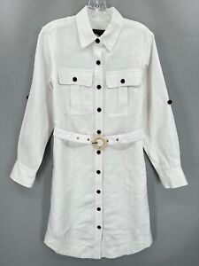 Banana Republic Linen Dress Belted Safari Button Front White Pockets Roll Tab XS
