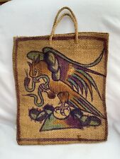 Vintage Burlap Bag Color Graphics Rope Handles Marked TIJUANA MEXICO