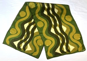 Vintage 1960s Vera Ladybug Green Abstract Silk Blend Scarf Waves Circles 45 x 15 - Picture 1 of 9