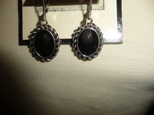 NAPIER VTG TEXTURED SILVER TONE BORDER W BLACK CRYSTAL  PIERCED EARRINGS #12/24 - Picture 1 of 3
